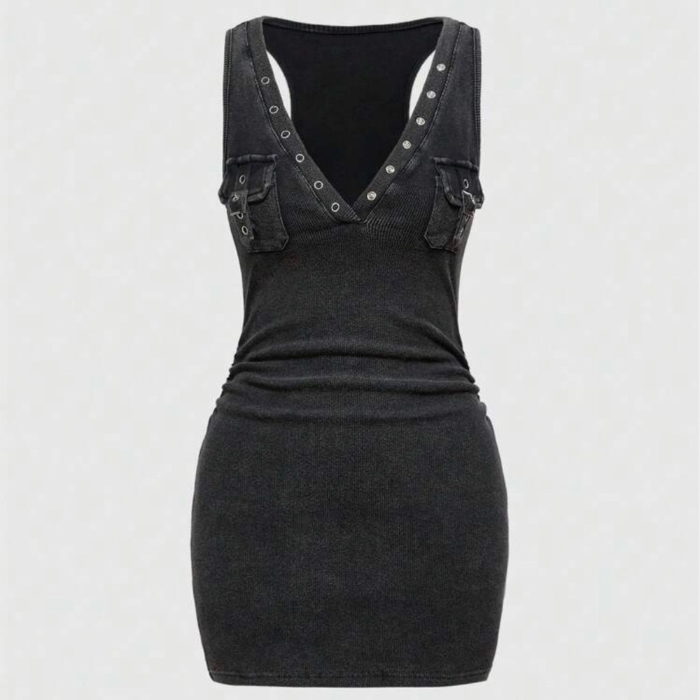 ROMWE Charcoal V-Neck Bodycon Mini Dress | Grommet Detail | NWT | Size XS - Picture 2 of 5